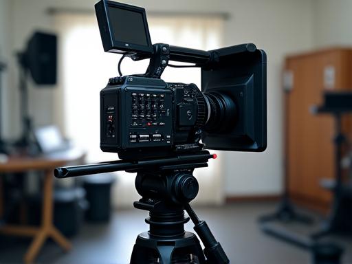 A professional cinema camera on a tripod, ready for a shoot.
